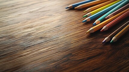 Poster - A scene showcasing a collection of vibrant colored pencils and a partially completed color sketch artfully arranged on a smooth natural wooden surface depicting a creative and workspace
