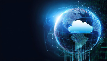 Poster - holographic globe with cloud symbol, connected by binary code streams, represents digital connectivi