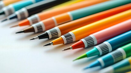 Poster - Neatly arranged assortment of colorful fine liner pens and markers on a clean white backdrop showcasing a vibrant palette of art supplies and creative tools for crafting projects