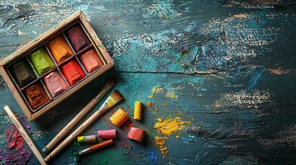 Poster - Detailed flat image showcasing a box of vibrant oil pastels alongside textured paper displaying a range of colorful swatches highlighting the creative tools and materials for pursuits
