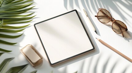 Poster - A clean modern composition showcasing a digital drawing tablet with a stylus pen surrounded by minimal desk accessories on a pristine white surface