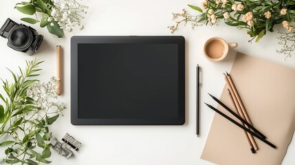 Poster - A clean and modern composition showcasing a digital drawing tablet with a stylus pen surrounded by minimal desk accessories like a ruler and a few other objects all placed on a crisp white surface