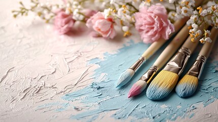 Poster - A close up view of multiple paintbrushes dipped in a variety of bright vibrant acrylic paints with soft shadows against a neutral background