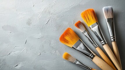 Poster - Detailed close up view of multiple paintbrushes dipped in bright vivid acrylic paint against a neutral background  textured image showcasing the tools and supplies of painting