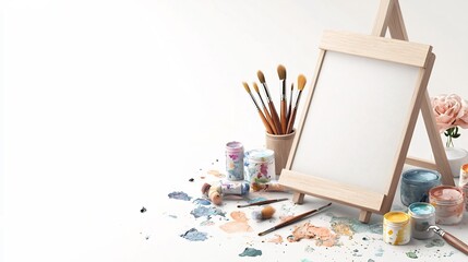 Poster - composition of a wooden easel holding a blank canvas surrounded by scattered paint tubes and brushes on a white background