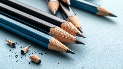 Poster - Close up shot of a fan arrangement of sharpened graphite pencils placed on a textured sketching paper with subtle pencil marks capturing the and creative essence of the scene