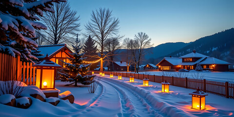 Wall Mural - Snow-Covered Meadow with Glowing Lanterns - A peaceful outdoor setting. backdrop background digital art crisp oilpinting minimalist sharp details funny background copyspace