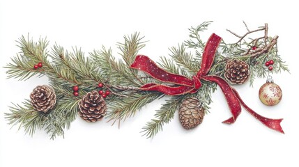 Wall Mural - Beautifully Detailed Christmas Decoration Featuring Pine Branches, Pinecones, Red Ribbon, Berries, and Ornaments for Holiday Celebrations and Festive Atmospheres