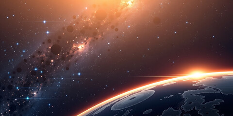 space horizon - the glowing edge of a planet rising against a galactic background. backdrop backgrou