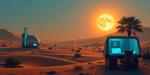 Wall Mural - Business Mirage - A desert scene where oases are offices with glowing futuristic tech. backdrop background digital art crisp oilpinting minimalist sharp details funny background copyspace