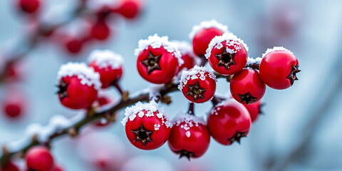 Wall Mural - Red Berries Encased in Frost - Vibrant and festive. backdrop background digital art crisp oilpinting minimalist sharp details funny background copyspace