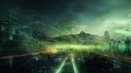 Poster - Abstract light streaks in a dynamic digital space with glowing green elements