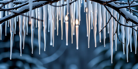 Wall Mural - Lit Candles Under a Canopy of Icicles - Forming a natural chandelier. backdrop background digital art crisp oilpinting minimalist sharp details funny background copyspace