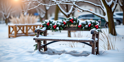 Wall Mural - Rustic Bench in Snow with Garland - A peaceful winter scene. backdrop background digital art crisp oilpinting minimalist sharp details funny background copyspace