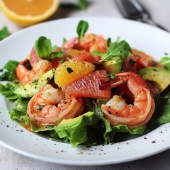 Wall Mural - Warm shrimp salad with lettuce, avocado, and grapefruit.