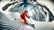 © jaykoppelman - A skier in bright winter gear descends a snowy ski slope surrounded by snow and trees, capturing the thrill of skiing and the thrill of extreme winter sports