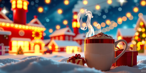 Wall Mural - Glistening Gift Factory - A factory glowing with Christmas lights and steaming hot cocoa. backdrop background digital art crisp oilpinting minimalist sharp details funny background copyspace