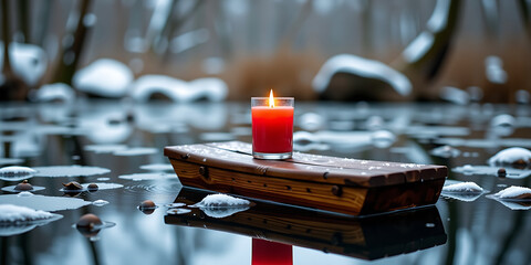 Wall Mural - Red Candle on a Wooden Raft - Floating on a calm winter pond. backdrop background digital art crisp oilpinting minimalist sharp details funny background copyspace