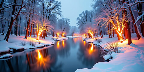 Wall Mural - Winter River with Light-Decorated Trees - Subtle golden reflections on the water. backdrop background digital art crisp oilpinting minimalist sharp details funny background copyspace
