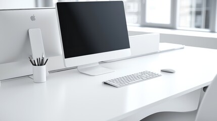 Aufkleber - modern minimalist office workspace featuring a sleek computer monitor, keyboard, and stylish desk ac