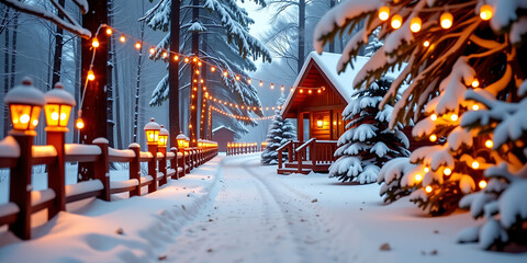 Wall Mural - Snowy Path with Lit Lanterns - Leading to a cozy cabin. backdrop background digital art crisp oilpinting minimalist sharp details funny background copyspace