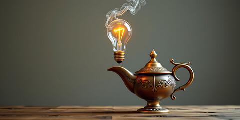 Wall Mural - The Innovator’s Lamp - A genie-like lamp releasing an idea bulb as smoke. backdrop background digital art crisp oilpinting minimalist sharp details funny background copyspace