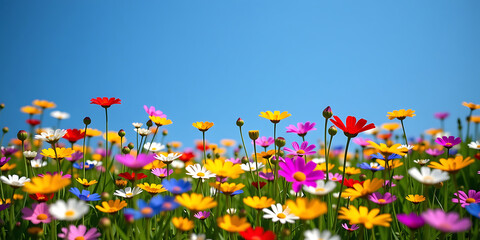 Wall Mural - Wildflower Meadow - A colorful meadow of wildflowers in full bloom under a blue sky. backdrop background digital art crisp oilpinting minimalist sharp details funny background copyspace
