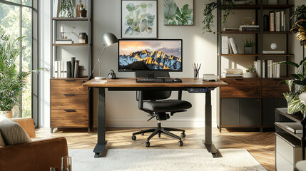 Poster - A computer desk with a monitor and a black chair