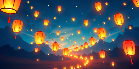 Wall Mural - Lantern Sky Path - A sky path glowing with floating lanterns. backdrop background digital art crisp oilpinting minimalist sharp details funny background copyspace