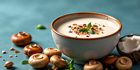 Wall Mural - Coconut Milk Soup with Mushrooms - A creamy soup made with coconut milk mushrooms and fresh herbs. backdrop background digital art crisp oilpinting minimalist sharp details funny background copyspac