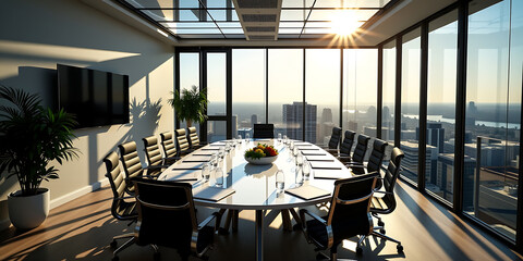 Wall Mural - Solar-Powered Boardroom - A meeting space lit entirely by sunlight. backdrop background digital art crisp oilpinting minimalist sharp details funny background copyspace