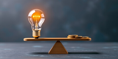 Wall Mural - Balance in Business - A scale balancing an idea bulb on one side and coins on the other. backdrop background digital art crisp oilpinting minimalist sharp details funny background copyspace