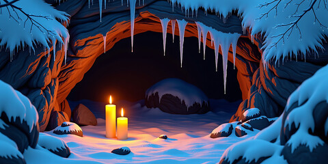 Wall Mural - Candlelit Cave with Icicles - A secret magical hideaway in the wilderness. backdrop background digital art crisp oilpinting minimalist sharp details funny background copyspace