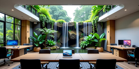 Wall Mural - Nature-Infused Office - A workplace with waterfalls and greenery integrated into its design. backdrop background digital art crisp oilpinting minimalist sharp details funny background copyspace