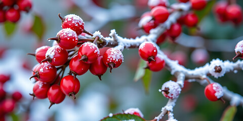Wall Mural - Frosted Rosehips on a Bush - Vibrant red popping against white snow. backdrop background digital art crisp oilpinting minimalist sharp details funny background copyspace