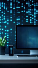 Poster - Futuristic Digital Workspace with Computer, Smartphone, and Green Plant against a Dynamic Blue Light Background for Technology and Innovation Themes
