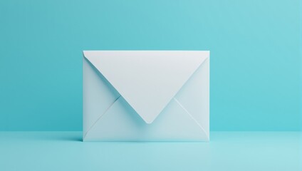 White closed envelope standing on minimalist light blue background
