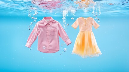 Poster - Two colorful garments submerged in clear water, creating a serene underwater scene.