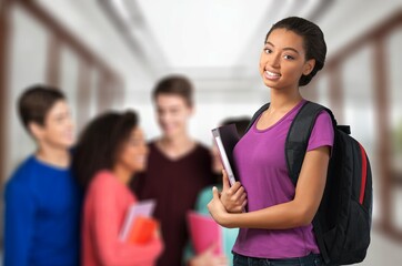 Wall Mural - Happy young student friends in university corridor