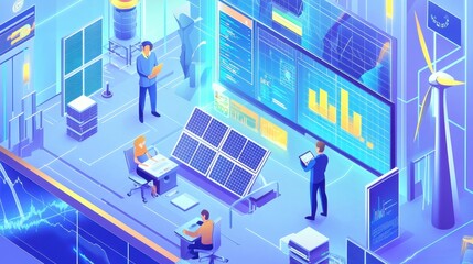 Poster - Professional Team Analyzing Data on Renewable Energy Trends and Technologies in Modern Workplace Environment