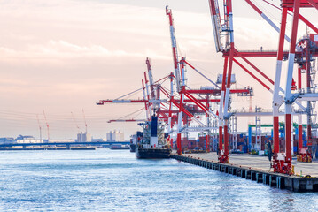 Container port and container crane at Industrial port for cargo container ship Osaka Japan. Business logistic transportation concept.