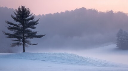 Poster - A serene winter landscape with a solitary tree amidst soft snow and misty hills at dawn.