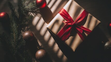 Wall Mural - Cozy Christmas Gift Box Wrapped in Brown Paper with Bright Red Ribbon Surrounded by Ornaments and Pine Branches in Soft Light and Shadows