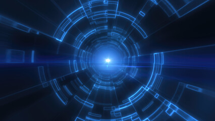 Poster - Blue digital tunnel with concentric lines and central light source, creating a sense of depth, movement, and futuristic design in a tech-inspired setting background