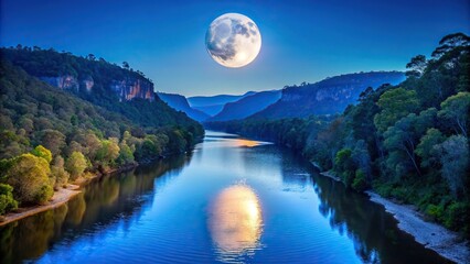 Wall Mural - super white moon over blue mountains and river