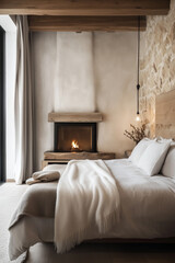 Wall Mural - Minimalist Cozy Rustic Bedroom with Light White and Grey Interior Aesthetics