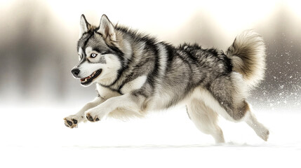  Husky dog running in snow.