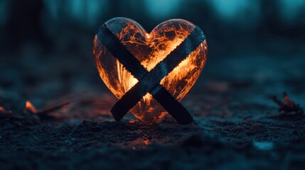 Leinwandbilder - A glowing heart crossed with bold black tape, sitting on a moody dark background, symbolizing love restrained.