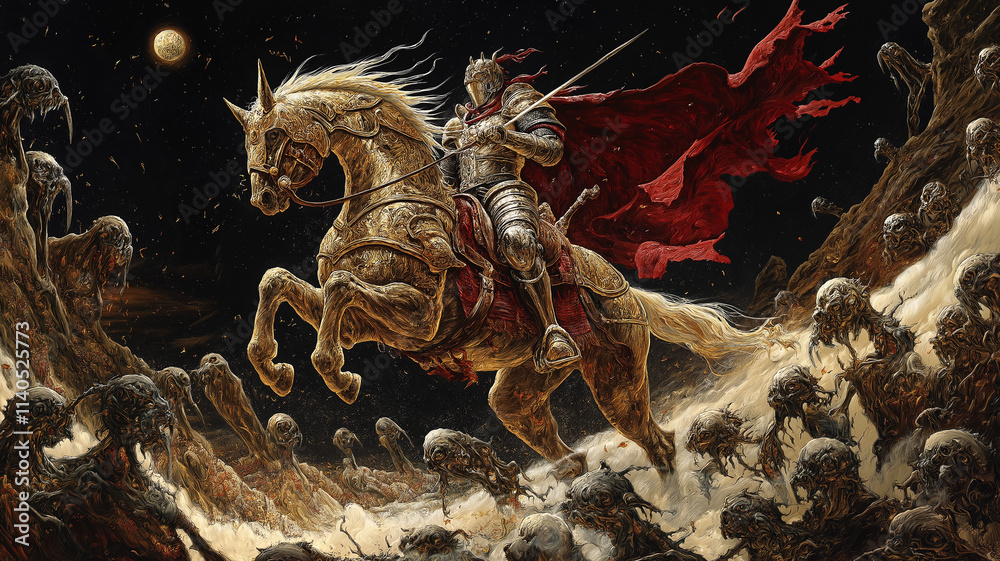 Knight on Horseback Charging into Battle Against a Horde. Concept of ...