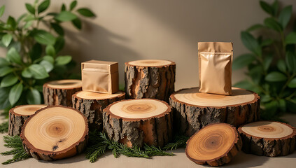 Aufkleber - Wooden tree stumps are used to create visually appealing displays and backgrounds for packaging design in natural and rustic concepts settings._00004_